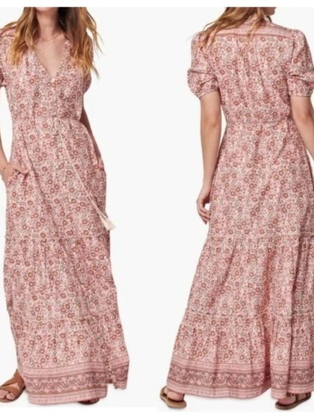 Faherty Orinda Floral Boho Peasant Tiered Organic Cotton Maxi Dress